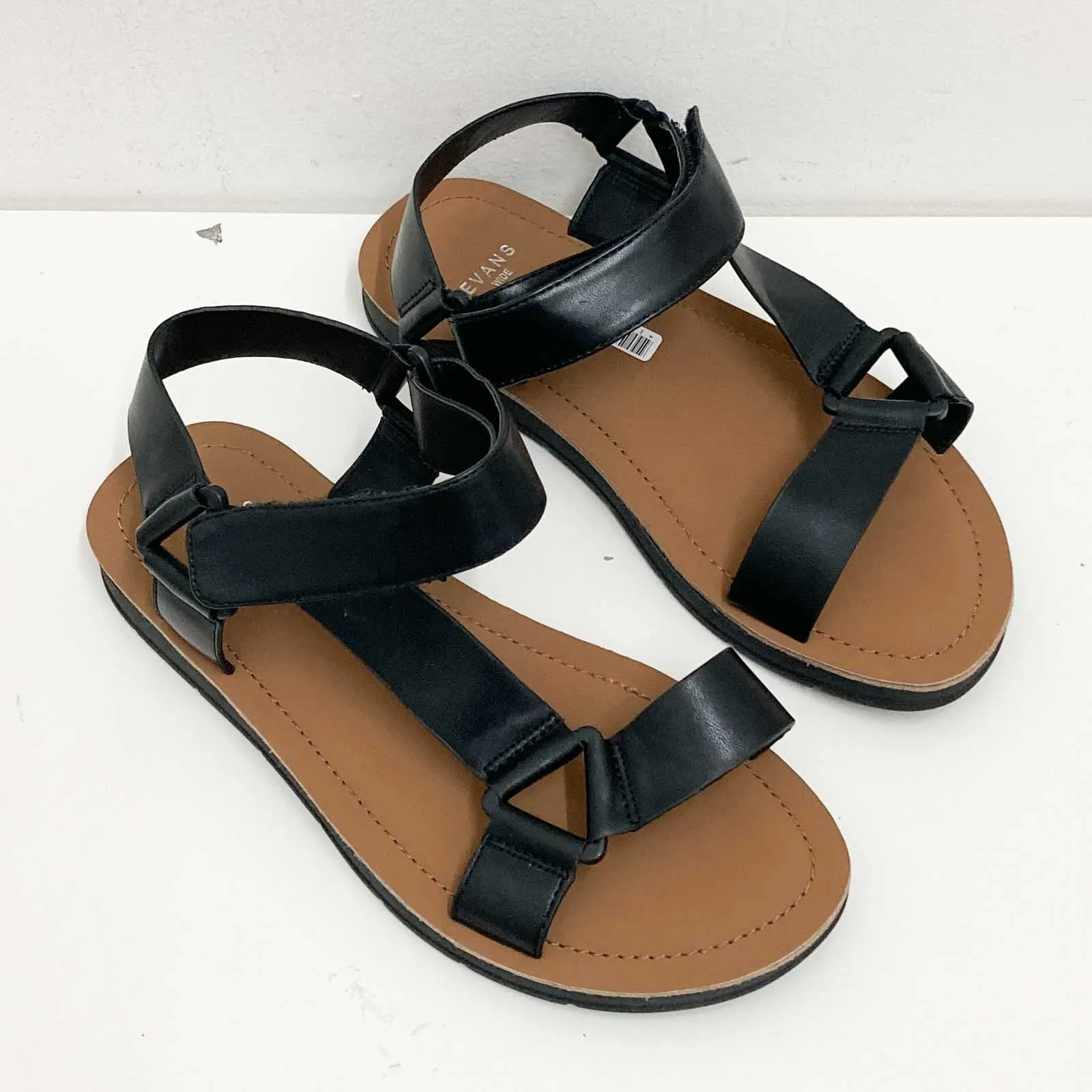 Evans Black Faux Leather Sporty Strap Sandals UK 4E