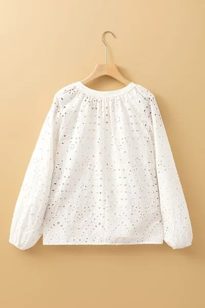 Eyelet V-Neck Long Sleeve Blouse – Elegant White Cotton Top, Sizes Small to XL