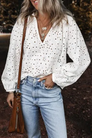Eyelet V-Neck Long Sleeve Blouse – Elegant White Cotton Top, Sizes Small to XL