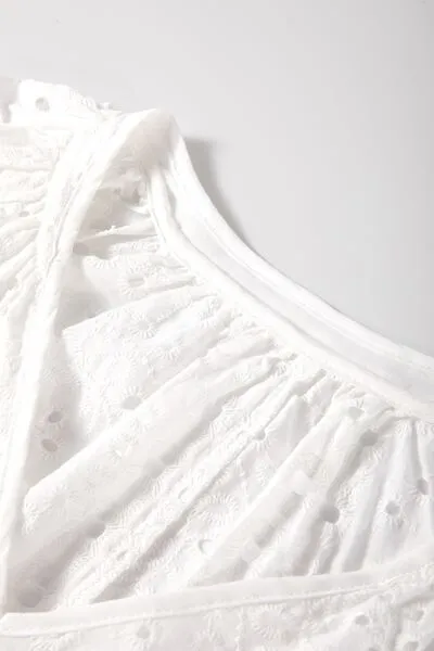 Eyelet V-Neck Long Sleeve Blouse – Elegant White Cotton Top, Sizes Small to XL