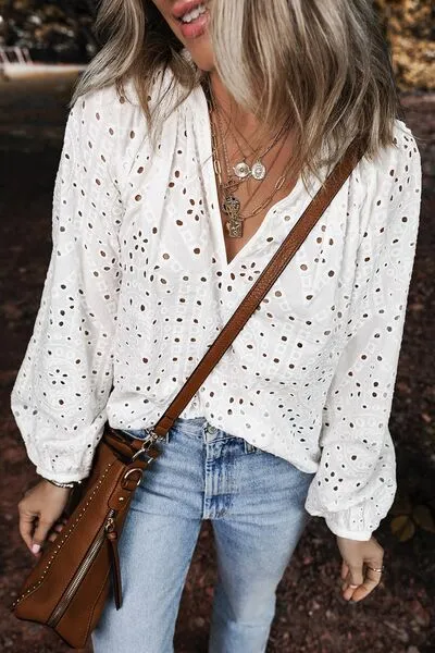 Eyelet V-Neck Long Sleeve Blouse – Elegant White Cotton Top, Sizes Small to XL