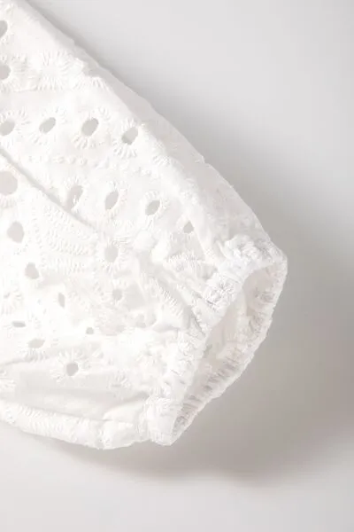 Eyelet V-Neck Long Sleeve Blouse – Elegant White Cotton Top, Sizes Small to XL