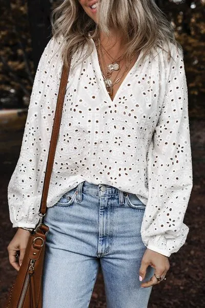 Eyelet V-Neck Long Sleeve Blouse – Elegant White Cotton Top, Sizes Small to XL