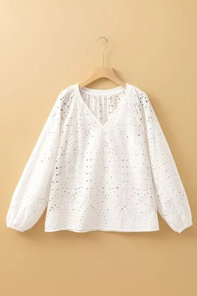 Eyelet V-Neck Long Sleeve Blouse – Elegant White Cotton Top, Sizes Small to XL