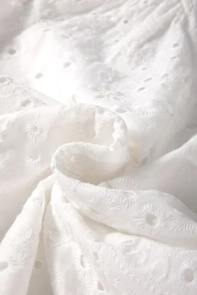 Eyelet V-Neck Long Sleeve Blouse – Elegant White Cotton Top, Sizes Small to XL