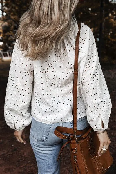 Eyelet V-Neck Long Sleeve Blouse – Elegant White Cotton Top, Sizes Small to XL