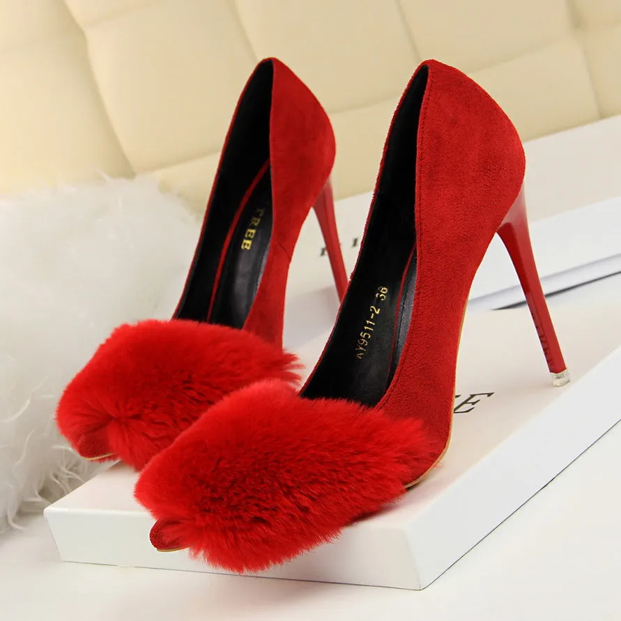 Faux Fur Decoration Suede Stiletto Heel Pointed Toe High Heels Party Shoes