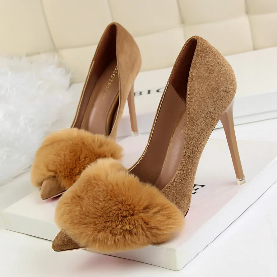 Faux Fur Decoration Suede Stiletto Heel Pointed Toe High Heels Party Shoes
