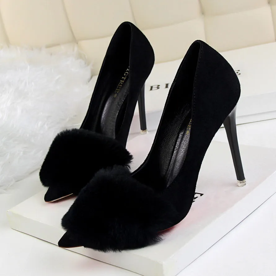 Faux Fur Decoration Suede Stiletto Heel Pointed Toe High Heels Party Shoes
