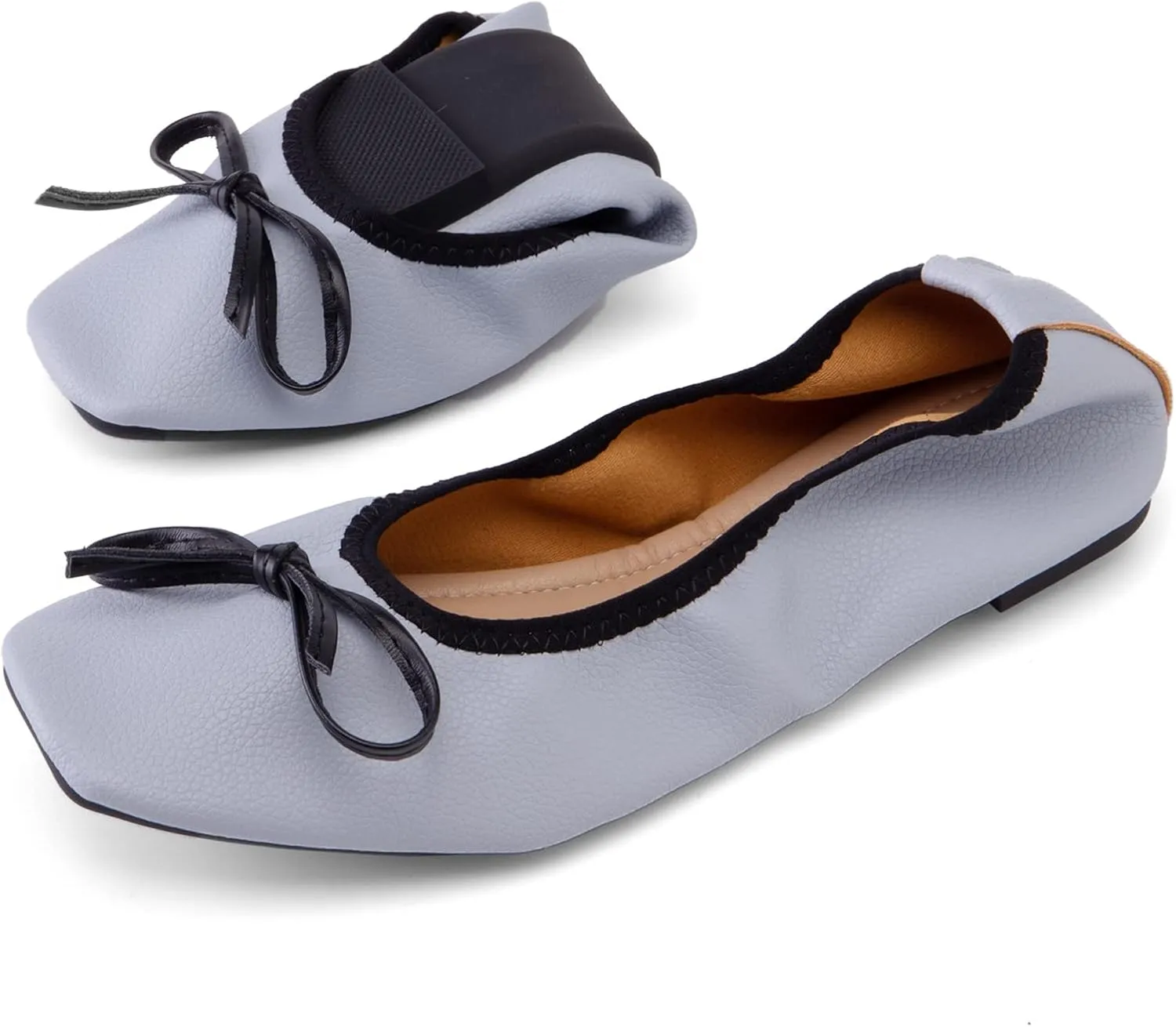 Gicoiz Foldable Flats Womens Square Toe Bowtie Ballerina Slippers