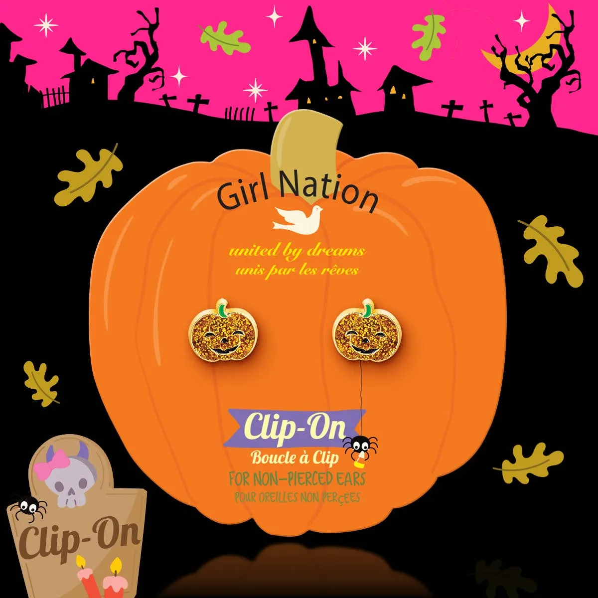 Girl Nation Halloween Glitter Pumpkin Kids Clip On Earrings