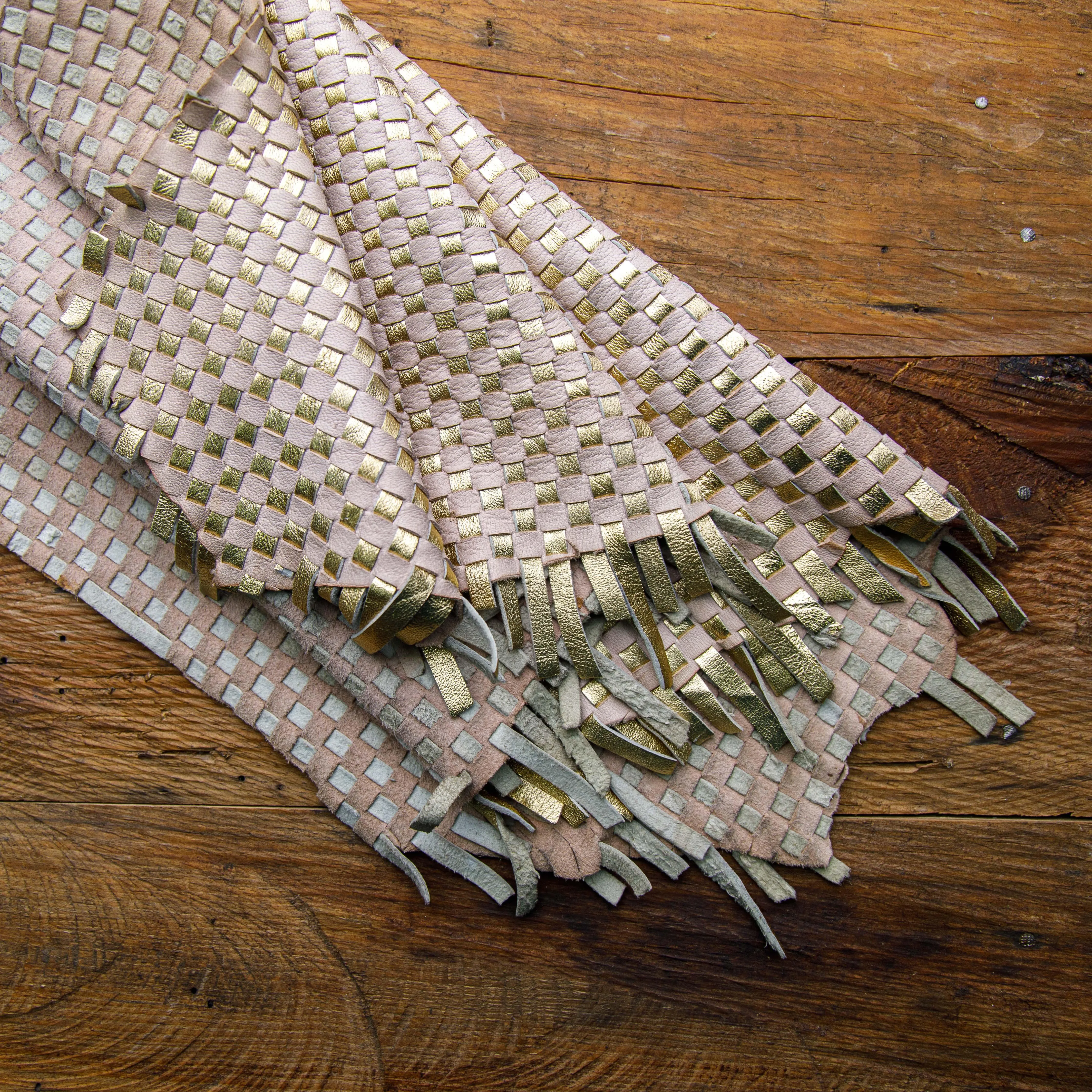 Golden & Off-White Handmade Basket weave Woven Leather