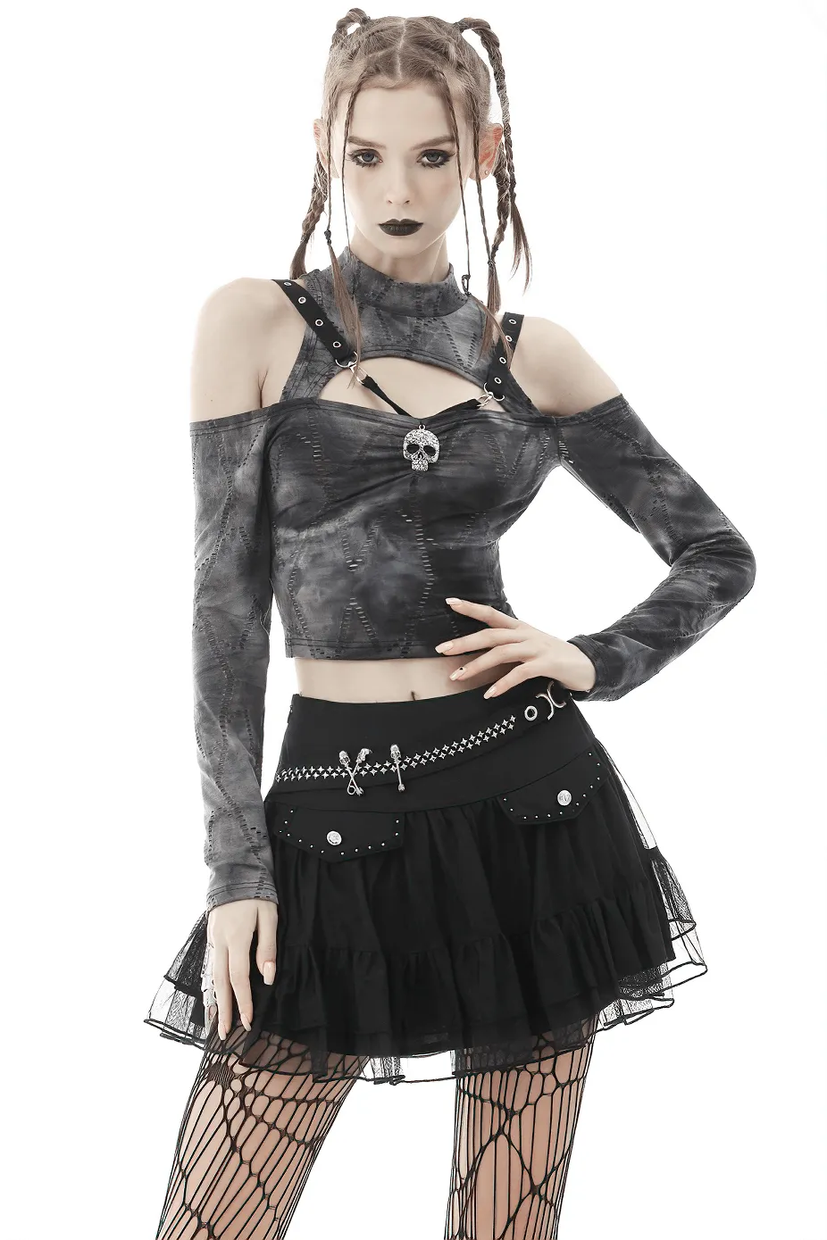 Gothic Off Shoulder Long Sleeves Top with Skull Pendant