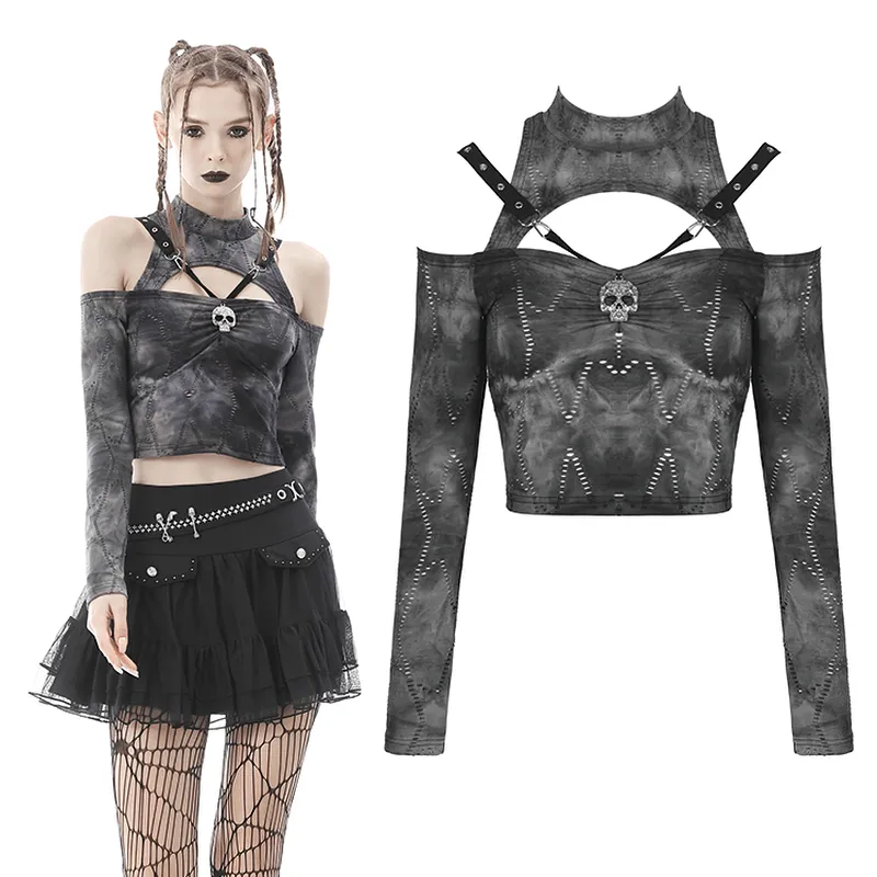 Gothic Off Shoulder Long Sleeves Top with Skull Pendant