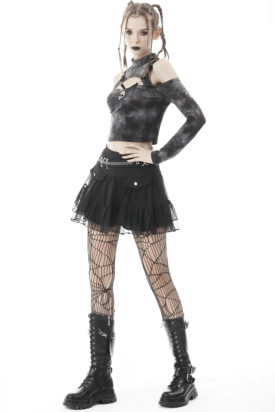 Gothic Off Shoulder Long Sleeves Top with Skull Pendant