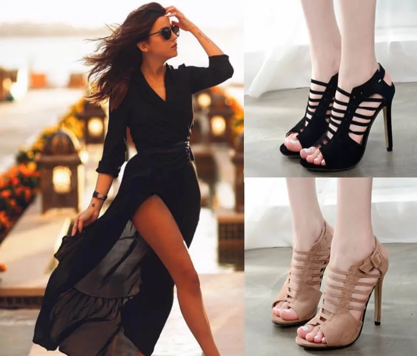 Hollow Straps Back Zipper Black Stiletto High Heel Sandals