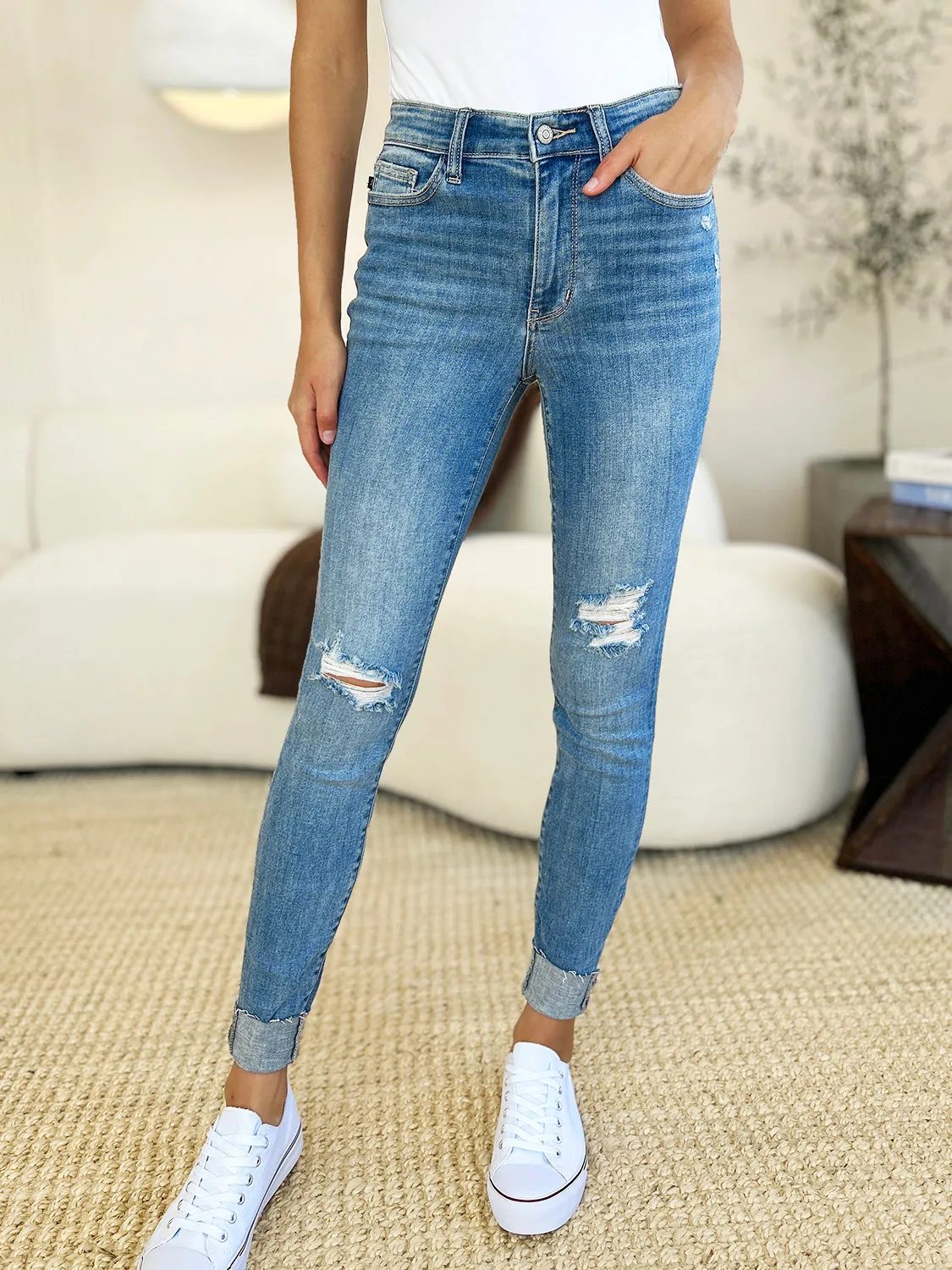 Judy Blue Full Size Mid Rise Destroy & Cuff Skinny Jeans. Inseam 29.5" and 30"