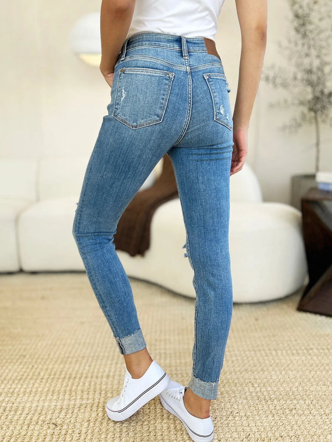 Judy Blue Full Size Mid Rise Destroy & Cuff Skinny Jeans. Inseam 29.5" and 30"