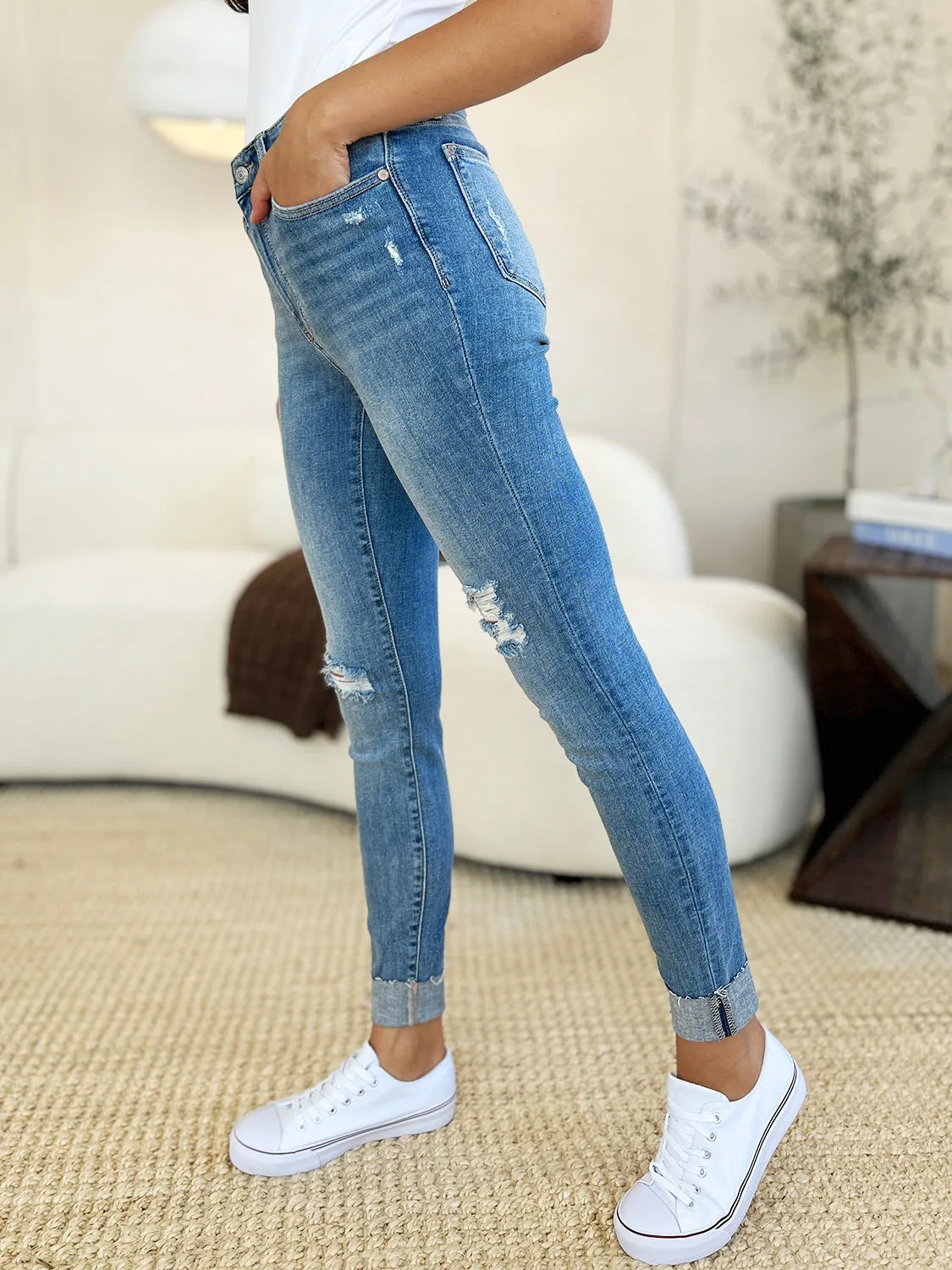 Judy Blue Full Size Mid Rise Destroy & Cuff Skinny Jeans. Inseam 29.5" and 30"