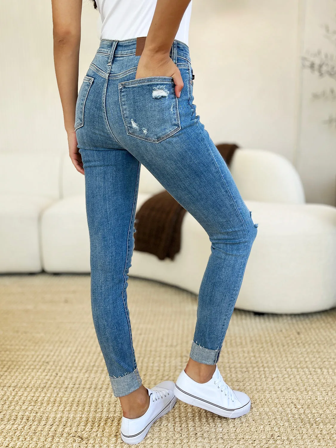 Judy Blue Full Size Mid Rise Destroy & Cuff Skinny Jeans. Inseam 29.5" and 30"