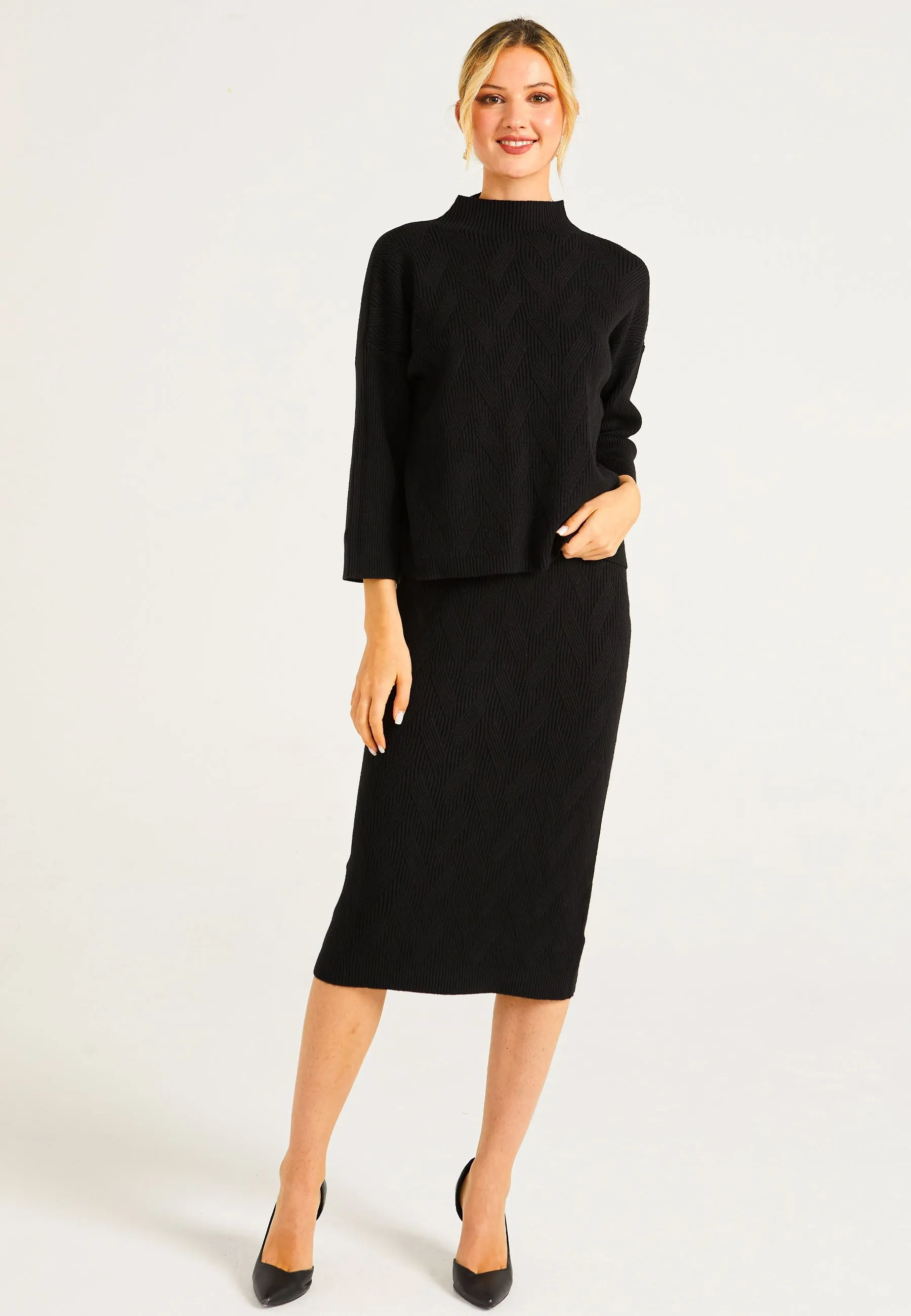 Knitted Pattern Mock Neck Jumper & Midi Skirt Set In Black