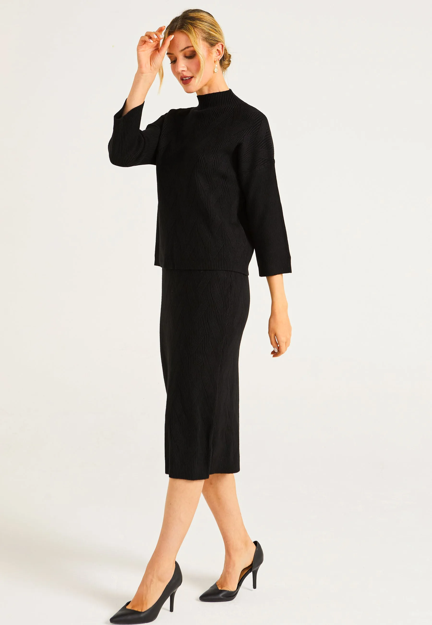 Knitted Pattern Mock Neck Jumper & Midi Skirt Set In Black