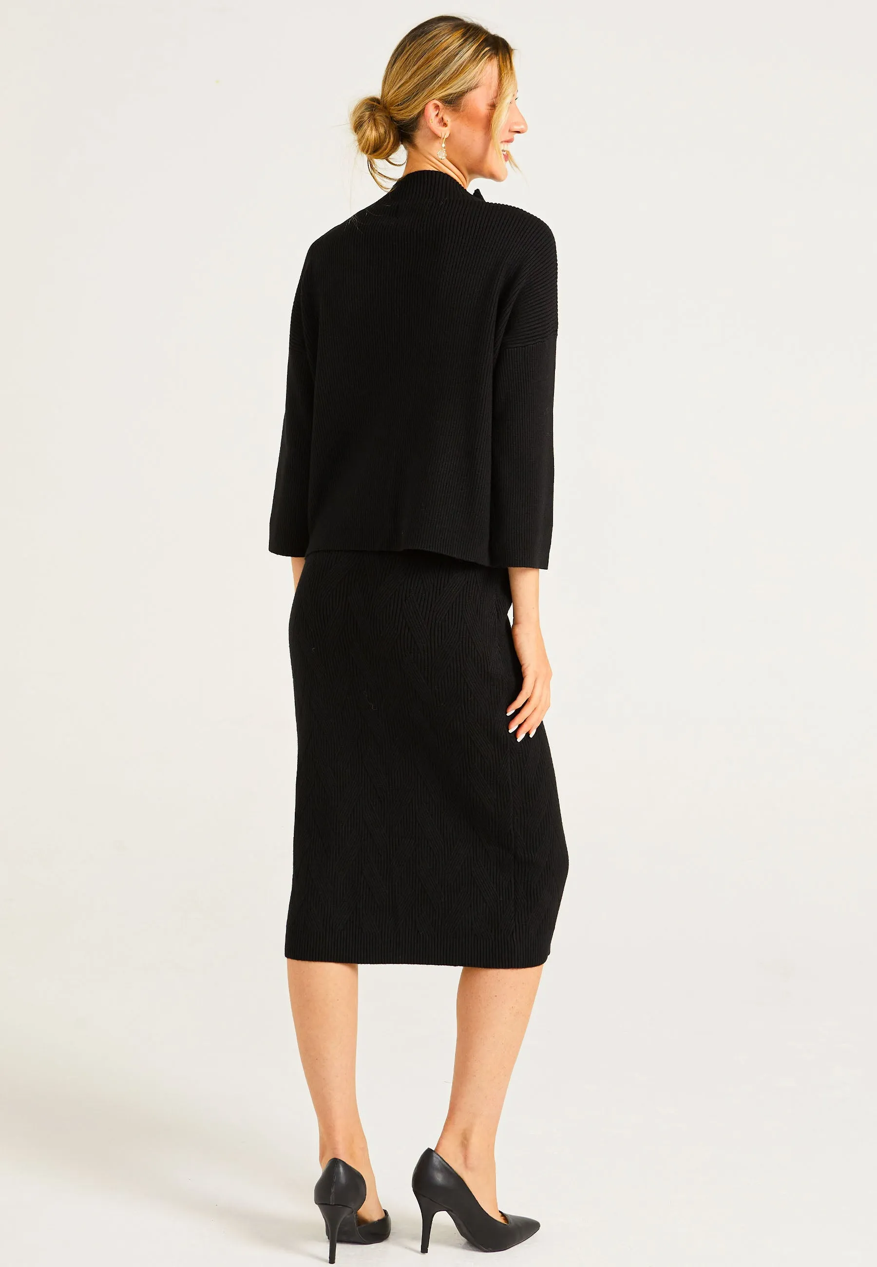 Knitted Pattern Mock Neck Jumper & Midi Skirt Set In Black