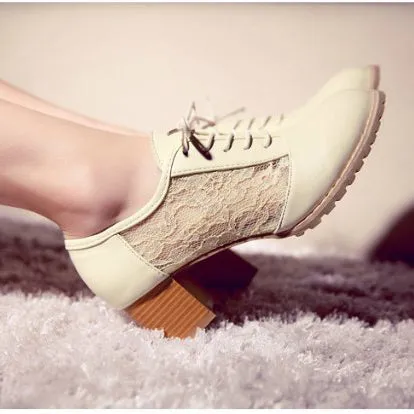 Lace Patchwork Round Toe Middle Chunky Heels Shoes