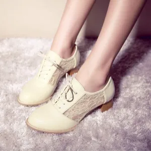 Lace Patchwork Round Toe Middle Chunky Heels Shoes