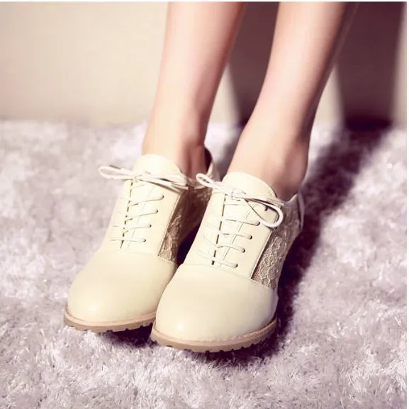 Lace Patchwork Round Toe Middle Chunky Heels Shoes
