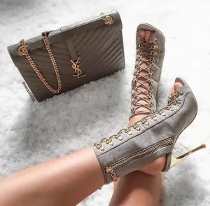 Lace Up Cut Out Side Zipper Stiletto High Heel Ankle Boot Sandals