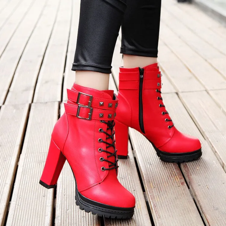 Lace Up Hasp Straps Platform High Chunky Heel Short Martin British Boots