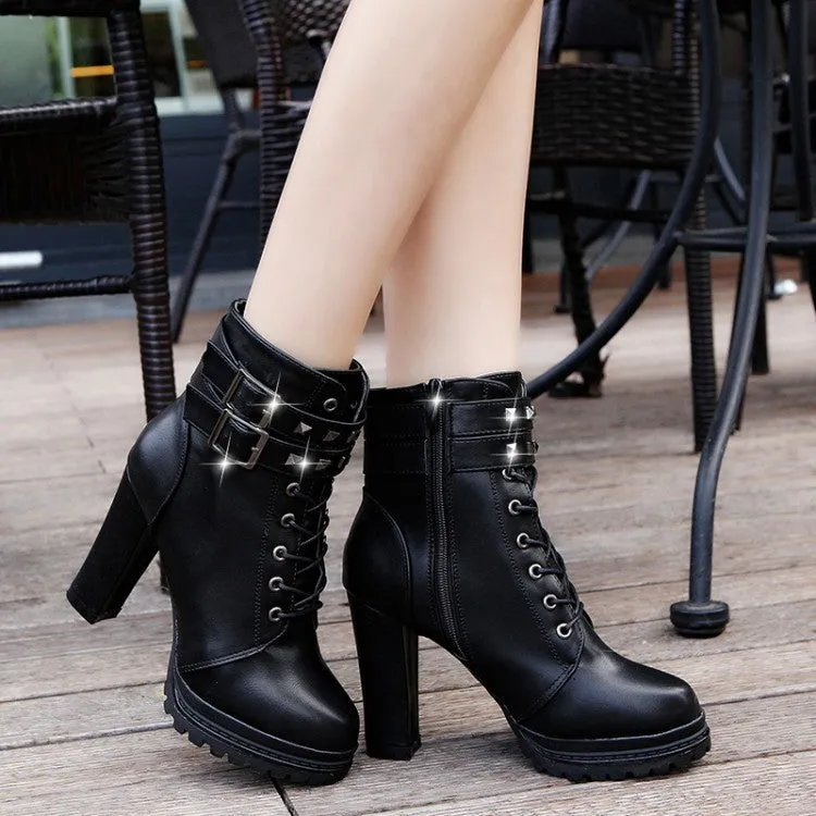 Lace Up Hasp Straps Platform High Chunky Heel Short Martin British Boots