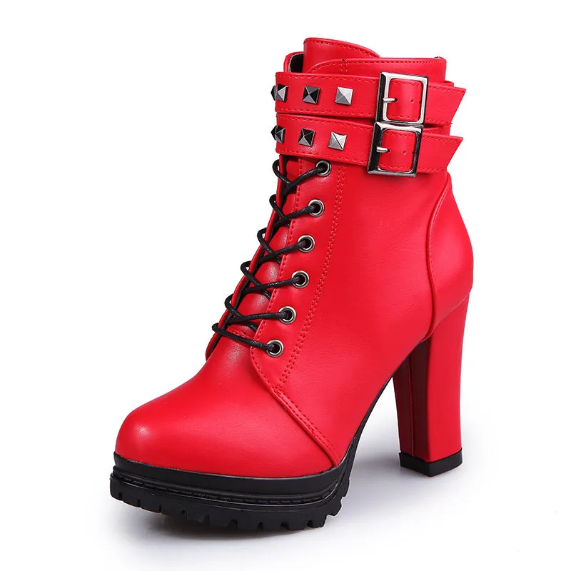 Lace Up Hasp Straps Platform High Chunky Heel Short Martin British Boots