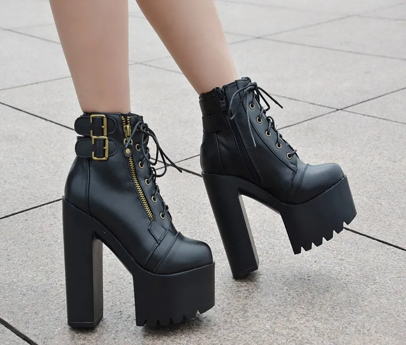 Lace Up Zipper Platform Super High Heels Ankle Boots