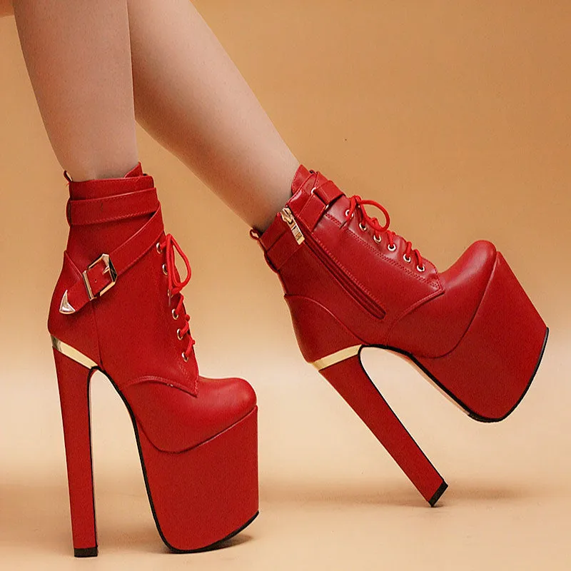 Lace Up Zipper PU Round Toe Platform Supper HIgh Heels Party Shoes