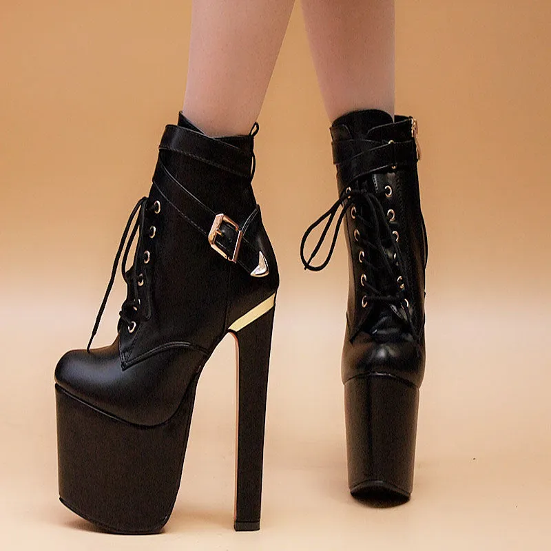 Lace Up Zipper PU Round Toe Platform Supper HIgh Heels Party Shoes