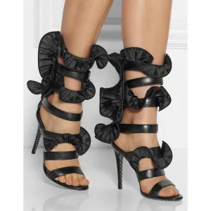 Lotus Stiletto Heel Open-toe Zipper High Heel Black Sandals