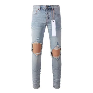 Men’s Distressed Blue Skinny Jeans – Classic American Streetwear with Ripped Holes and Button Fly Design
