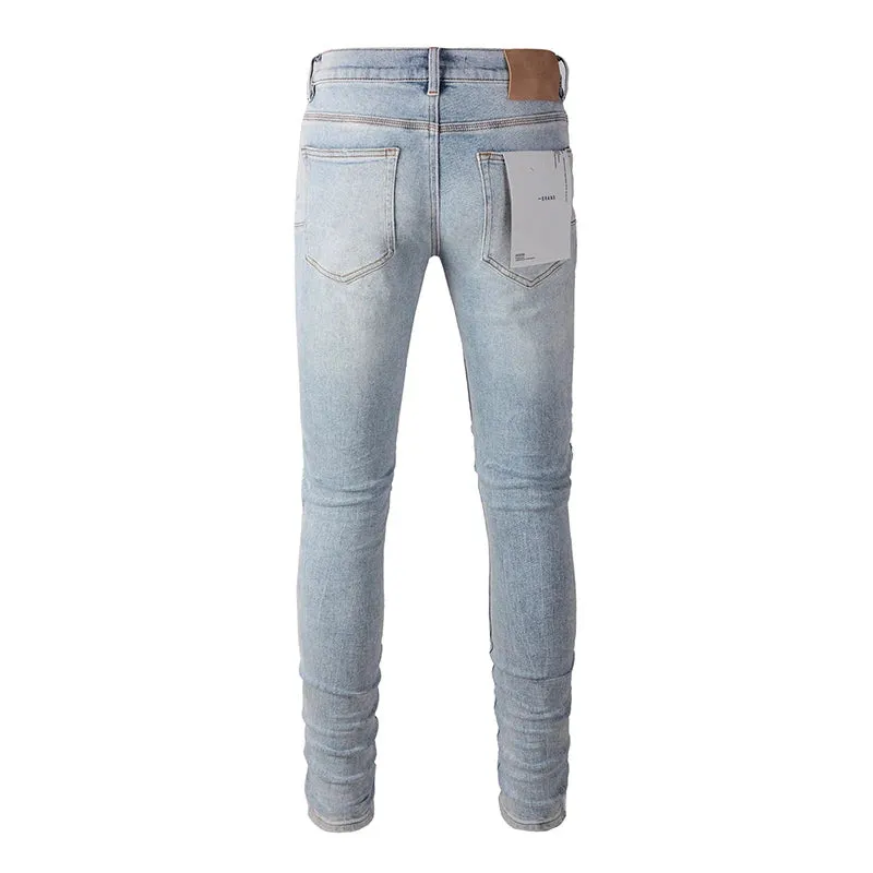 Men’s Distressed Blue Skinny Jeans – Classic American Streetwear with Ripped Holes and Button Fly Design