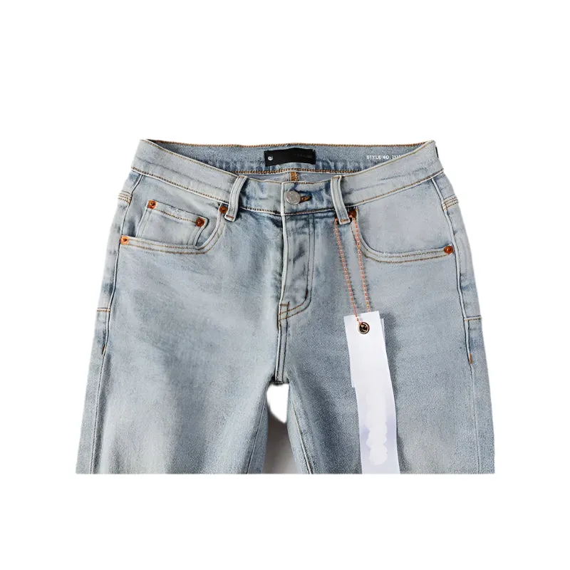 Men’s Distressed Blue Skinny Jeans – Classic American Streetwear with Ripped Holes and Button Fly Design