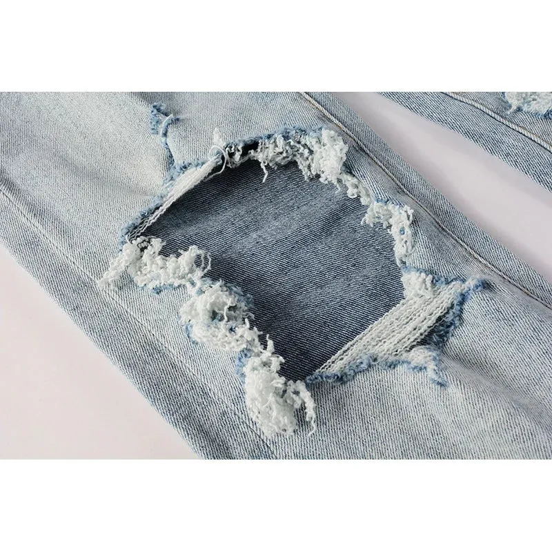 Men’s Distressed Blue Skinny Jeans – Classic American Streetwear with Ripped Holes and Button Fly Design