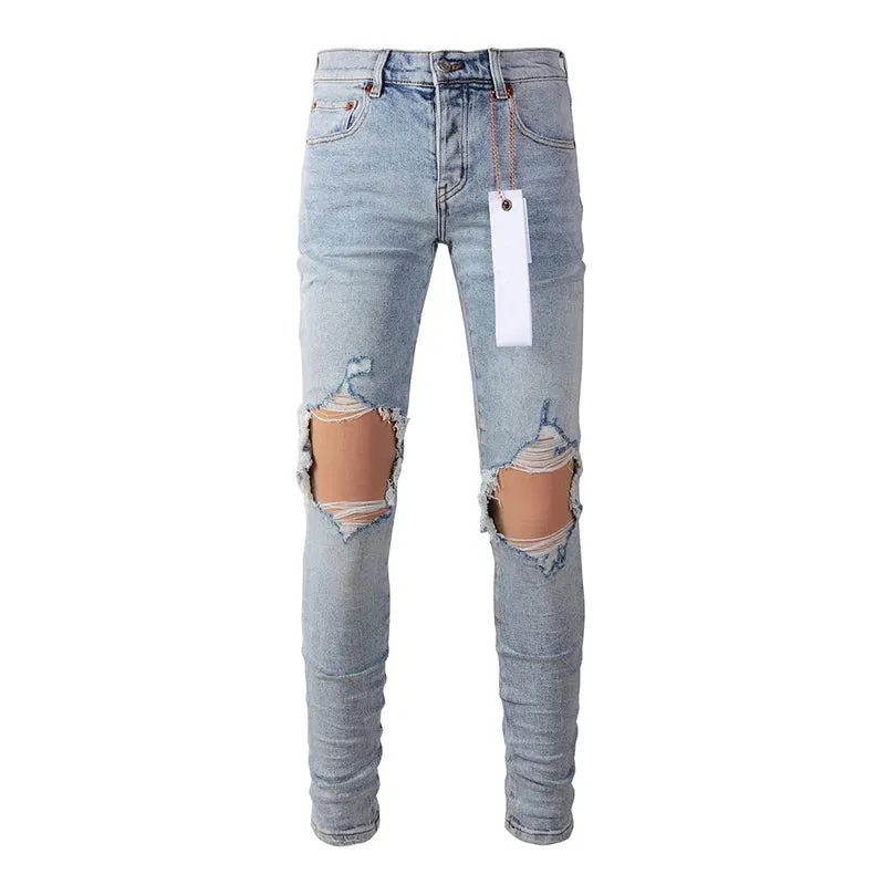 Men’s Distressed Blue Skinny Jeans – Classic American Streetwear with Ripped Holes and Button Fly Design
