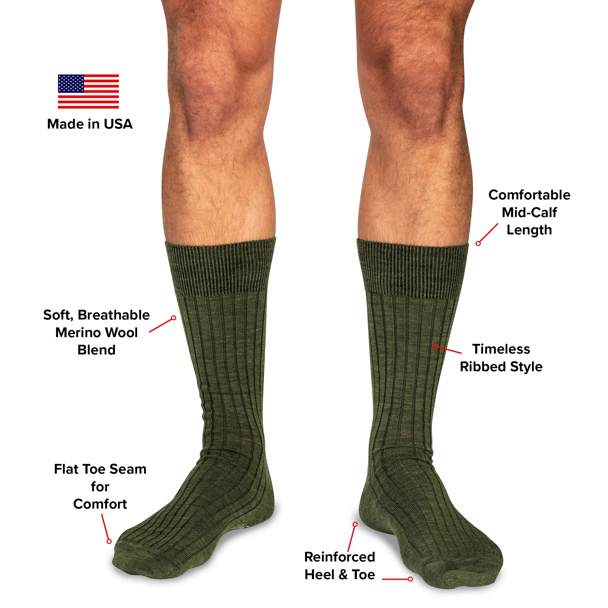 Merino Wool Mid Calf Dress Socks - 6 Pair Gift Box