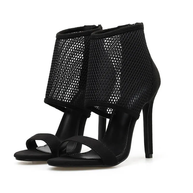 Mesh Transparent Open Toe Back Zipper Stiletto High Heel Sandals