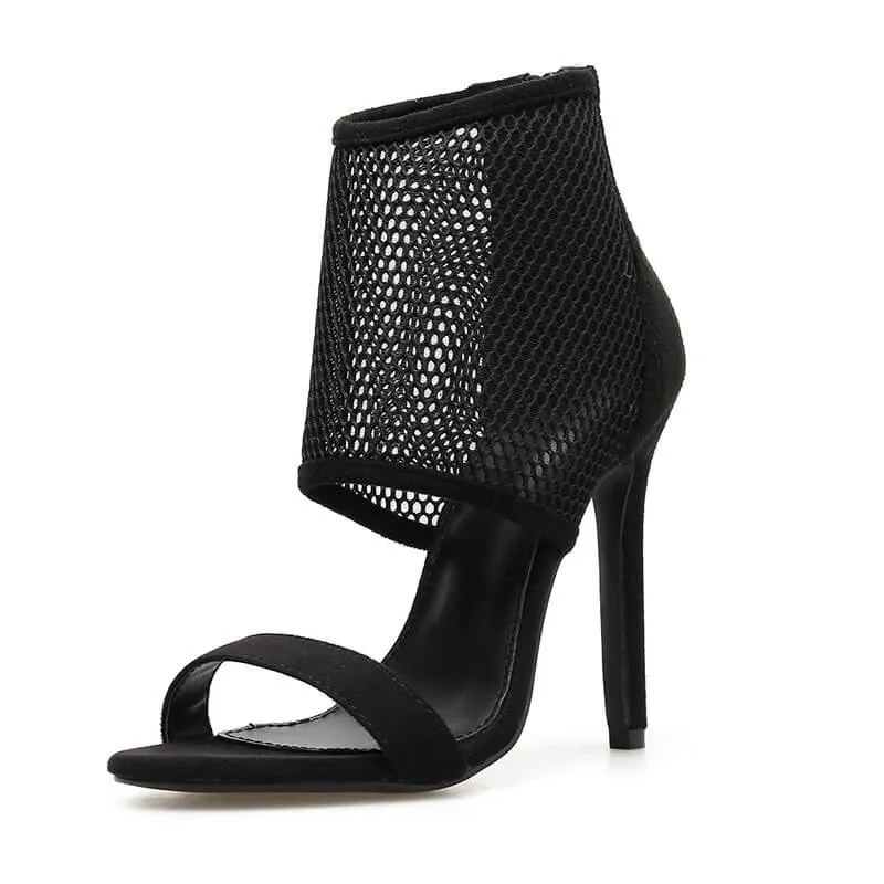 Mesh Transparent Open Toe Back Zipper Stiletto High Heel Sandals