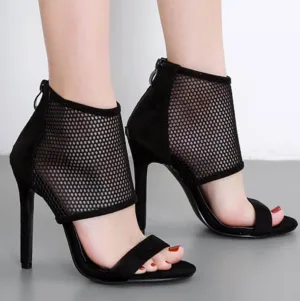 Mesh Transparent Open Toe Back Zipper Stiletto High Heel Sandals