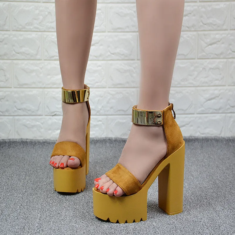 Metal Decorate Platform Open Toe Chunky Heel Sandals