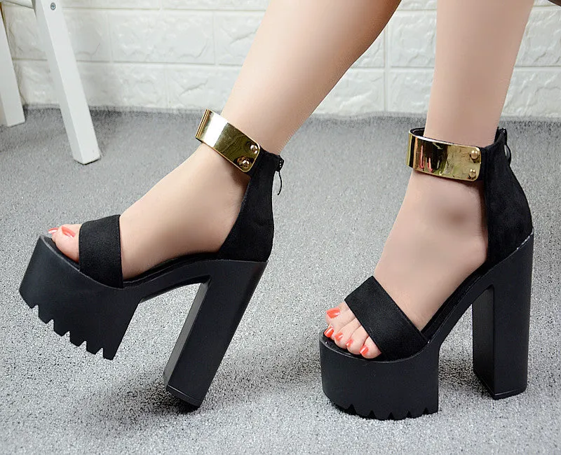 Metal Decorate Platform Open Toe Chunky Heel Sandals