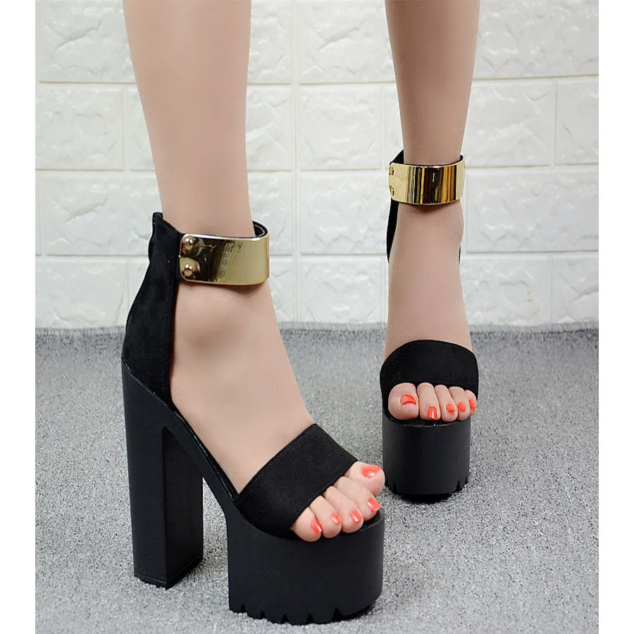 Metal Decorate Platform Open Toe Chunky Heel Sandals